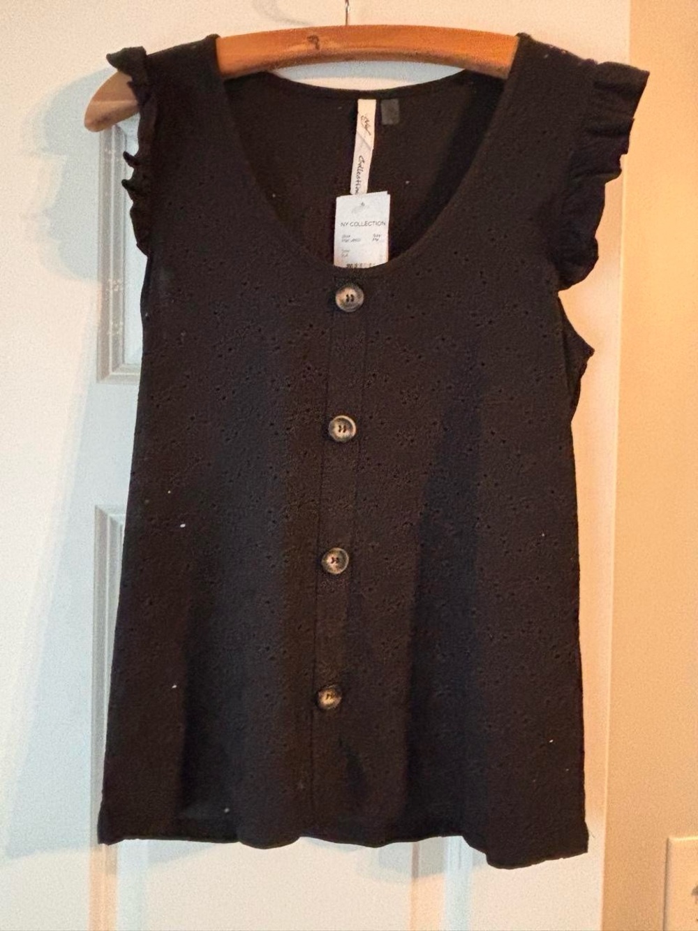 Women's Black Button-Front Eyelet Shell Top